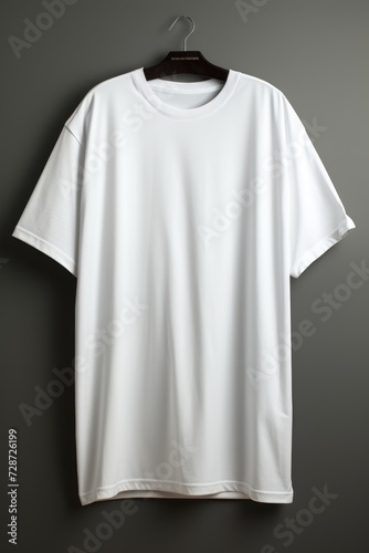 A white t-shirt is neatly hung on a hanger against a plain backdrop.
