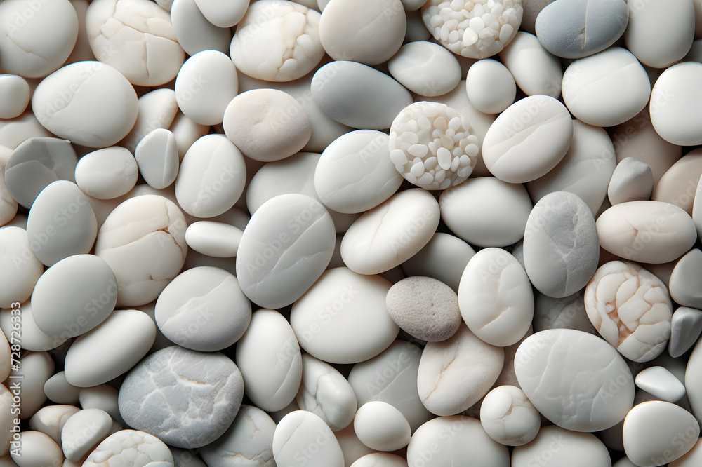 Collection of several smooth white stones with an abstract and relaxing composition.