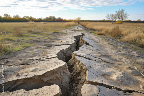 Large geological fissure in dry earth, evidencing tectonic activity and land subsidence in a rural landscape. photo