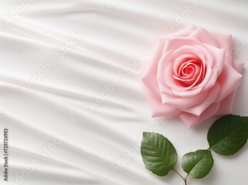 A pink rose rests delicately on a pristine white sheet, showcasing its vibrant color against the clean background.