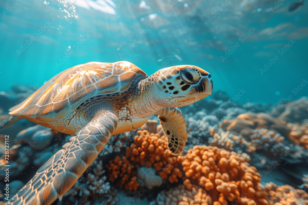 Fototapeta premium A turtle navigating through a pristine coral reef, highlighting the diversity and beauty of marine ecosystems. Concept of underwater exploration. Generative Ai.