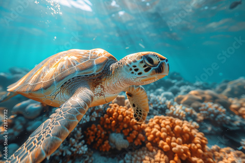 A turtle navigating through a pristine coral reef, highlighting the diversity and beauty of marine ecosystems. Concept of underwater exploration. Generative Ai.