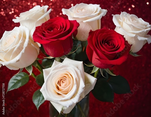 Beautiful red and white roses on sparkling red background