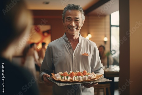 Friendly sushi chef presenting a plate of sushi with a welcoming smile