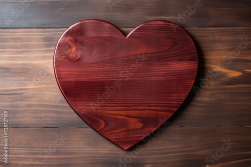 A wooden heart rests on a smooth wooden surface, creating a simple and rustic display.