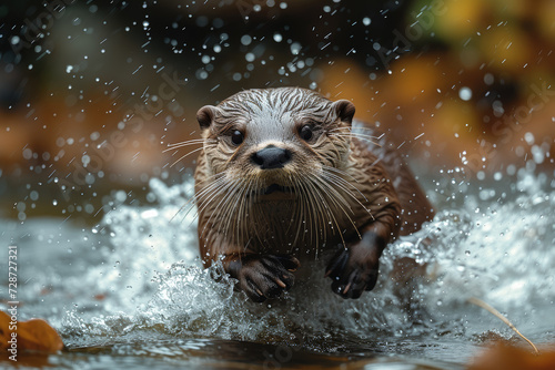 A playful otter sliding down a riverbank, capturing the delightful antics of these aquatic creatures. Concept of riverbank frolic. Generative Ai.