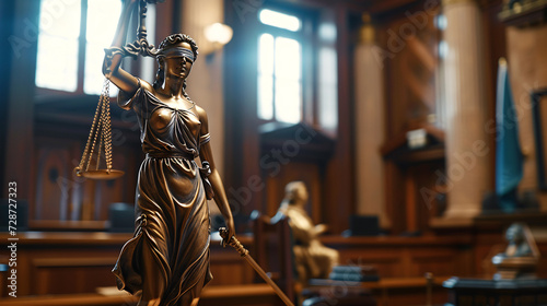 justice and fairness, Depicting the blindfolded goddess of justice holding balanced scales, symbolizes the impartiality and equality of the legal system & convey the ideals of justice and integrity photo