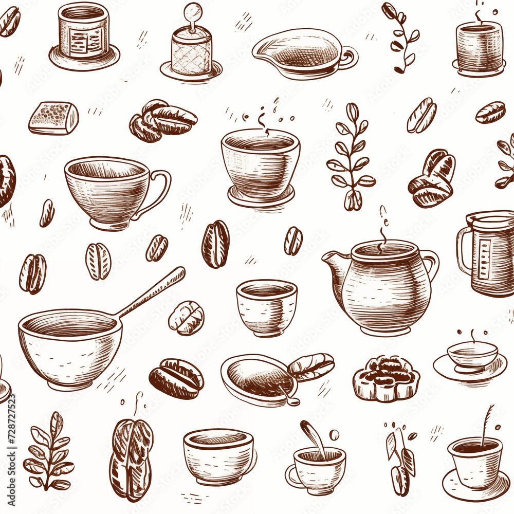 Vector illustration of a seamless coffee pattern with various cups, ideal for cafe-themed designs and projects