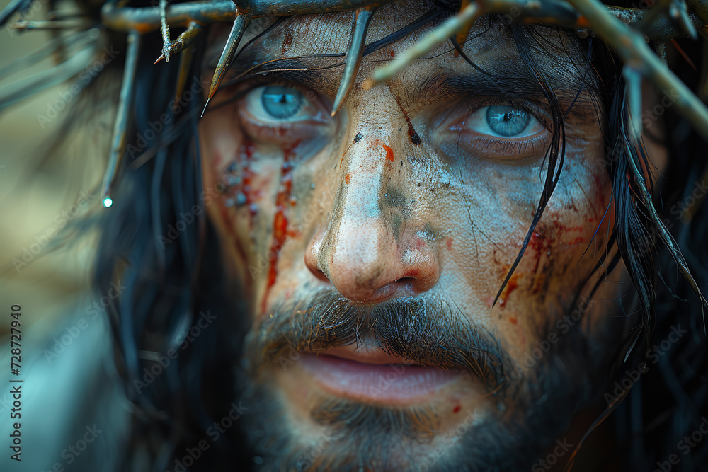 Imagination of poignant depiction of Jesus carrying the cross, with a crown of thorns on his head, symbolizing the sacrificial path to crucifixion. Concept of redemptive suffering. Generative Ai.