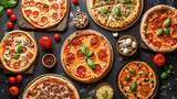 Gourmet pizza selection. Different types of pizzas. Italian cuisine. Variety of pizzas on a wooden board. Top view. Various taste type pizza slices with different traditional filling. menu, dieting, 