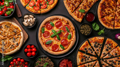 Gourmet pizza selection. Different types of pizzas. Italian cuisine. Variety of pizzas on a wooden board. Top view. Various taste type pizza slices with different traditional filling. menu  dieting  