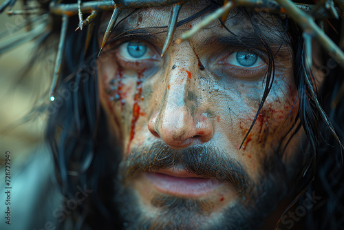 Imagination of poignant depiction of Jesus carrying the cross, with a crown of thorns on his head, symbolizing the sacrificial path to crucifixion. Concept of redemptive suffering. Generative Ai.