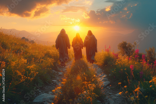 Staging of The disciples witnessing the risen Christ on the road to Emmaus, highlighting the transformative nature of encountering the resurrected Savior.  Generative Ai.