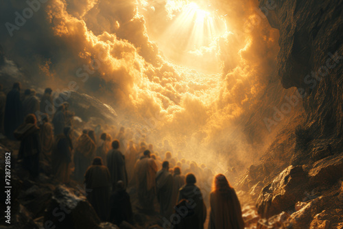 Staging of The disciples witnessing Jesus' ascension, portraying the awe and wonder of that pivotal moment in Christian theology. Concept of divine exaltation. Generative Ai.