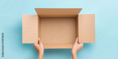 Top view to female hands open empty brown cardboard box on light blue background. Mockup parcel box. Packaging, shopping, delivery concept © StockWorld