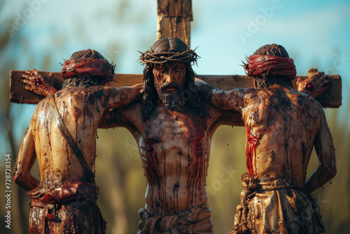 Imagination of Christ on the cross, flanked by the two thieves, showcasing the contrast between the penitent and impenitent. Concept of salvation and repentance. Generative Ai. photo