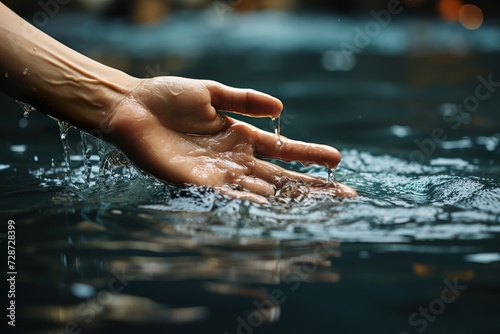 minimalistic design A female hand touching the river water