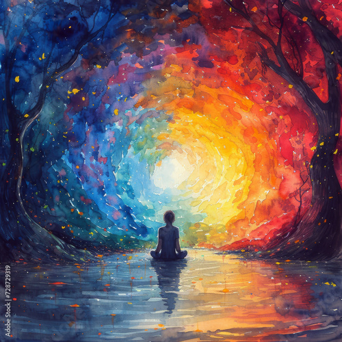 A conceptual illustration of emotional awareness, featuring a human figure in a meditative pose, surrounded by a kaleidoscope of colors representing various emotions. 