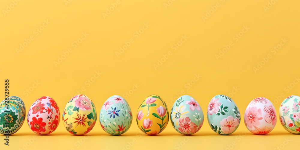 Colorful painted Easter eggs lined up on a yellow background with copy space, Easter concept. Colorful painted Easter eggs lined up on a yellow background with copy space, Easter concept.