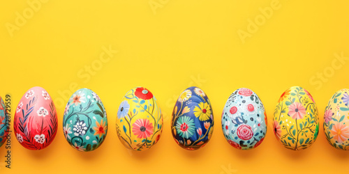 Colorful painted Easter eggs lined up on a yellow background with copy space, Easter concept.