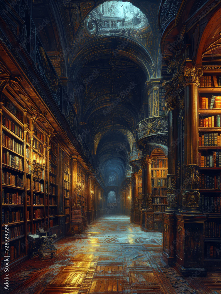 A painting of a grand ancient library, vast shelves filled with ancient books emitting soft, mystical glows. A painting of a grand ancient library, vast shelves filled with ancient books emitting soft, mystical glows.
