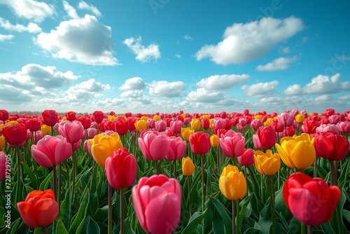 A vibrant field of tulips stretching endlessly under the clear blue sky, creating a colorful tapestry of nature's wonders. Concept of floral abundance. Generative Ai.