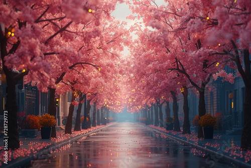 Blossoming cherry trees lining the streets, painting the urban landscape with hues of pink and white. Concept of urban spring beauty. Generative Ai. photo