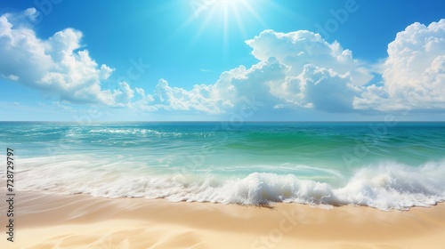 Clean sunny summer beach background. A horizontal banner with a summer ocean  sea  sun  clouds  waves.