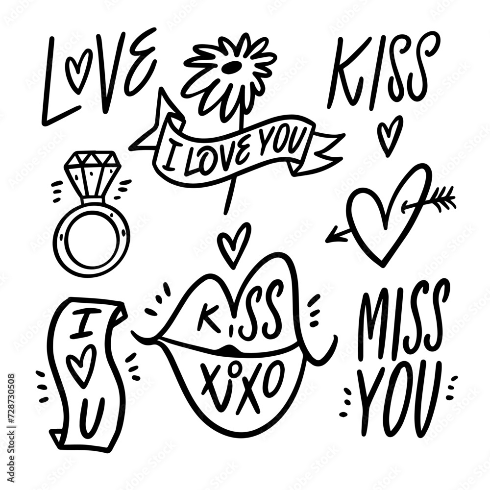 Hand drawn doodle love icons set elements. Black color vector illustration. Hand drawn doodle love icons set elements. Black color vector illustration.