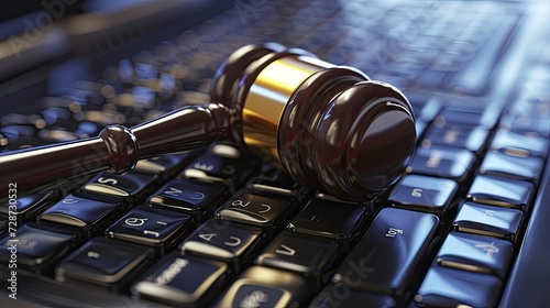 judge gavel on a computer keyboard, symbolizing the online concept of auctions. Perfect for emphasizing the power and convenience of virtual bidding. photo