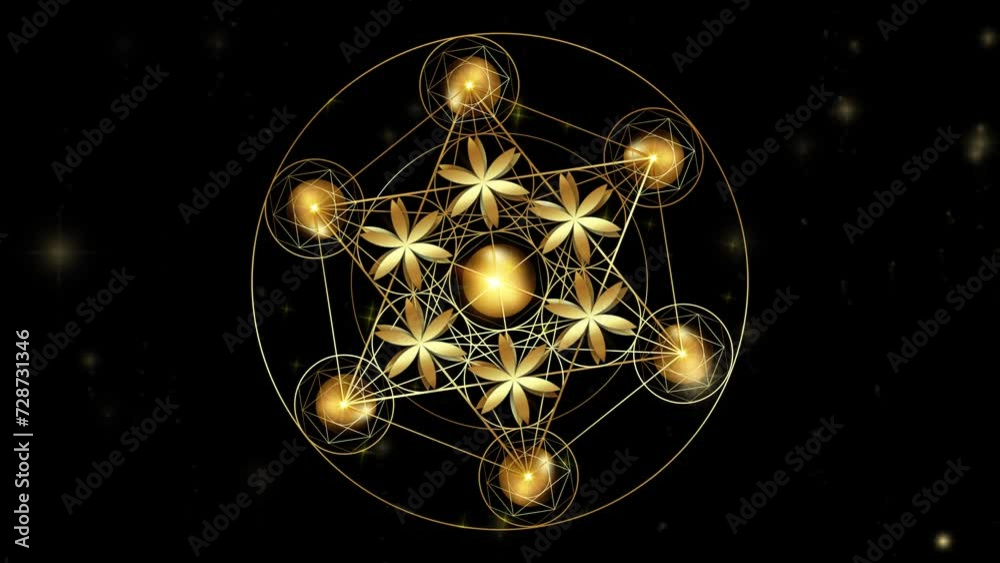 Video animation Metatron's Cube, Flower of Life. Golden Sacred geometry, graphic technology element black galaxy background. Mystic gold icon platonic solids, abstract geometric drawing, crop circles