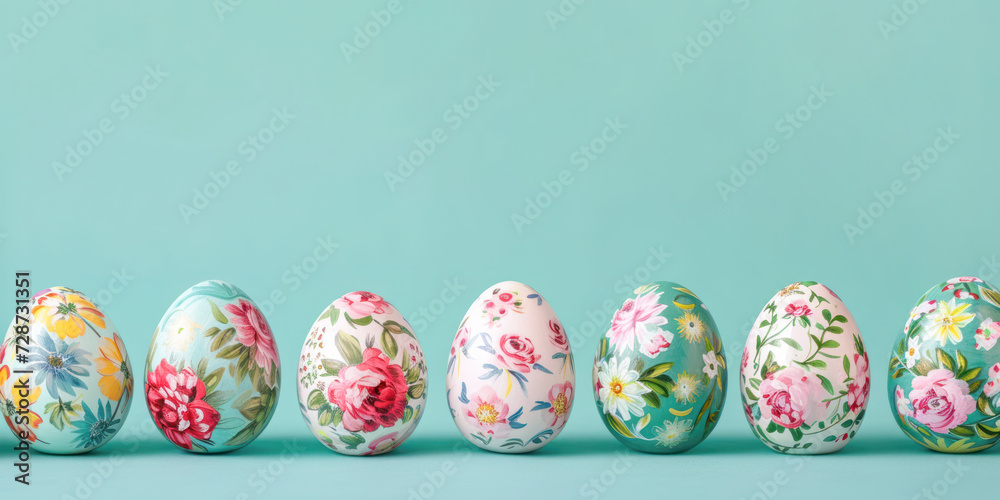 Colorful painted Easter eggs lined up on a blue pastel background with copy space, Easter concept. Colorful painted Easter eggs lined up on a blue pastel background with copy space, Easter concept.