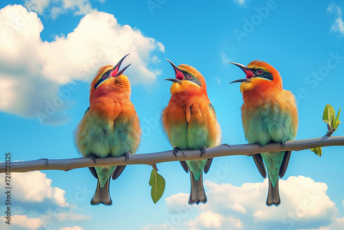Three Birds Singing Songs sitting on the brunch. Spring time