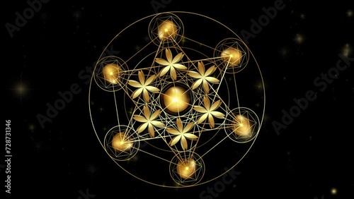 Video animation Metatron's Cube, Flower of Life. Golden Sacred geometry, graphic technology element black galaxy background. Mystic gold icon platonic solids, abstract geometric drawing, crop circles photo
