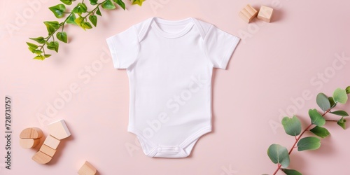 White cotton baby short sleeve bodysuit and natural wooden eco-friendly educational toys on pastel background. Infant onesie mockup. Blank gender neutral newborn bodysuit template mock up. Top view photo