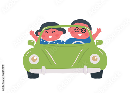 Cute little children in green car. Kids smiles and waves their hands. Boy and Girl ride a retro car. Green cabriolet. Vector illustration