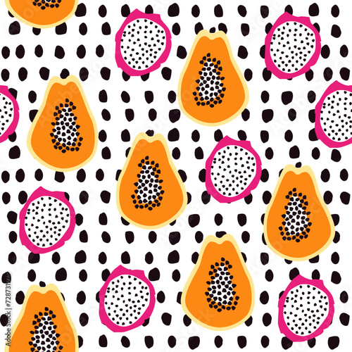 Exotic fruits pattern. Papaya and pitahaya background. Tropical seamless pattern with papaya fruits. Background with orange pawpaw. Exotic fruit backdrop for textile, digital paper, fabric, prints