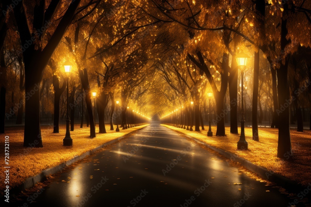 Golden lit avenue of trees with fallen leaves on an empty path during sunset