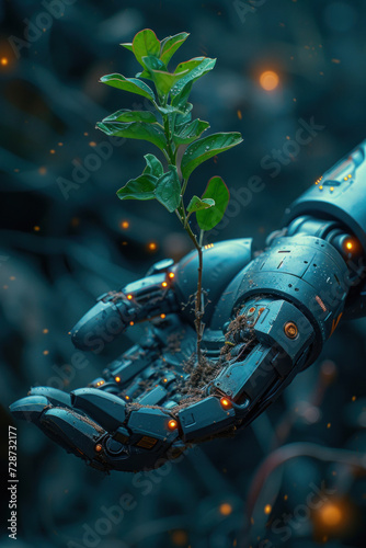 A gentle robotic arm cradles a sprouting plant against the backdrop of the cosmos