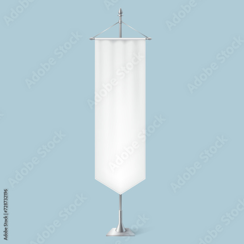 Mockup gonfalon table flag textile realistic vector illustration. Vintage fabric banner hanging on steel poleput on stand 3d model on blue background