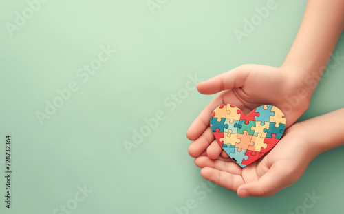World autism awareness day concept. child hands holding puzzle heart on light green background