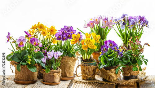 Colorful Potted Spring Flowers.  Rustic Floral Home Decor. © Svetlana Kolpakova