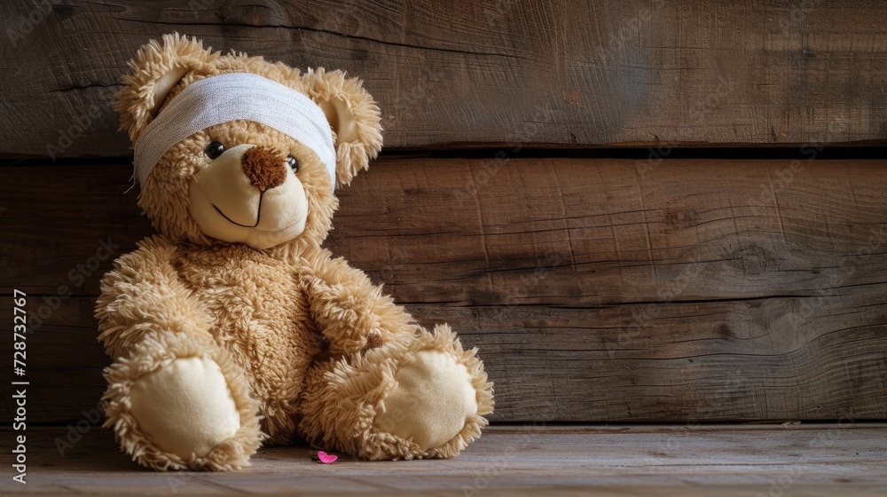 Obraz premium concept of child trauma recovery with a teddy bear wearing a bandage on its head, seated on a wooden background. This image speaks volumes about support, resilience, and the healing process