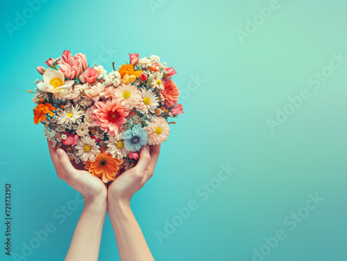 Fototapeta Naklejka Na Ścianę i Meble -  Women's hands hold a bouquet of flowers in the shape of a heart. Valentine's day natural love concept