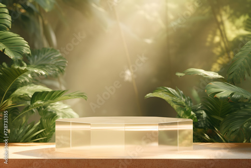 Glass Podium Displaying Product amid Tropical Beauty