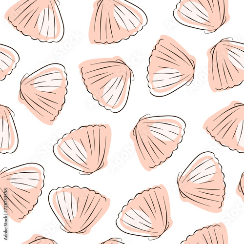 Scallop seamless pattern in line art style. Undersea background design of seashell. Vector illustration on a white background.