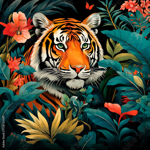 Illustration a tiger   on a background of bright tropical flowers and plants. ideal for designing postcards  posters  prints on t-shirts  pillows  covers  wallpaper.