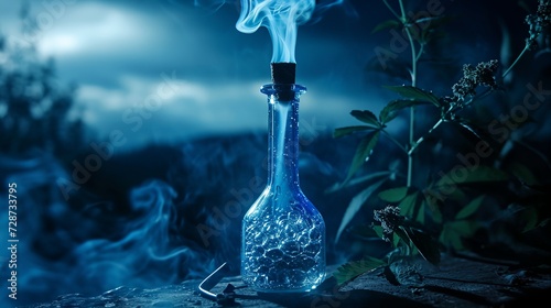 a glass bottle with a liquid inside of it on a table with smoke