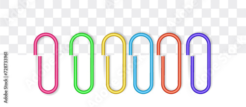 Color clips on paper sheet realistic vector illustration set. Document attachment supplies 3d models on transparent background. Page fastening