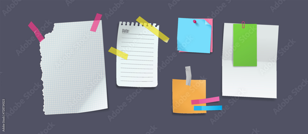 Note papers with sticky tapes realistic vector illustration set. Messages on different pads 3d models on grey background. Notices on bulletin board Note papers with sticky tapes realistic vector illustration set. Messages on different pads 3d models on grey background. Notices on bulletin board